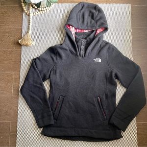 North Face Gray Button Neck Pullover Sweater w/ Pink White Plaid Hood Size Small